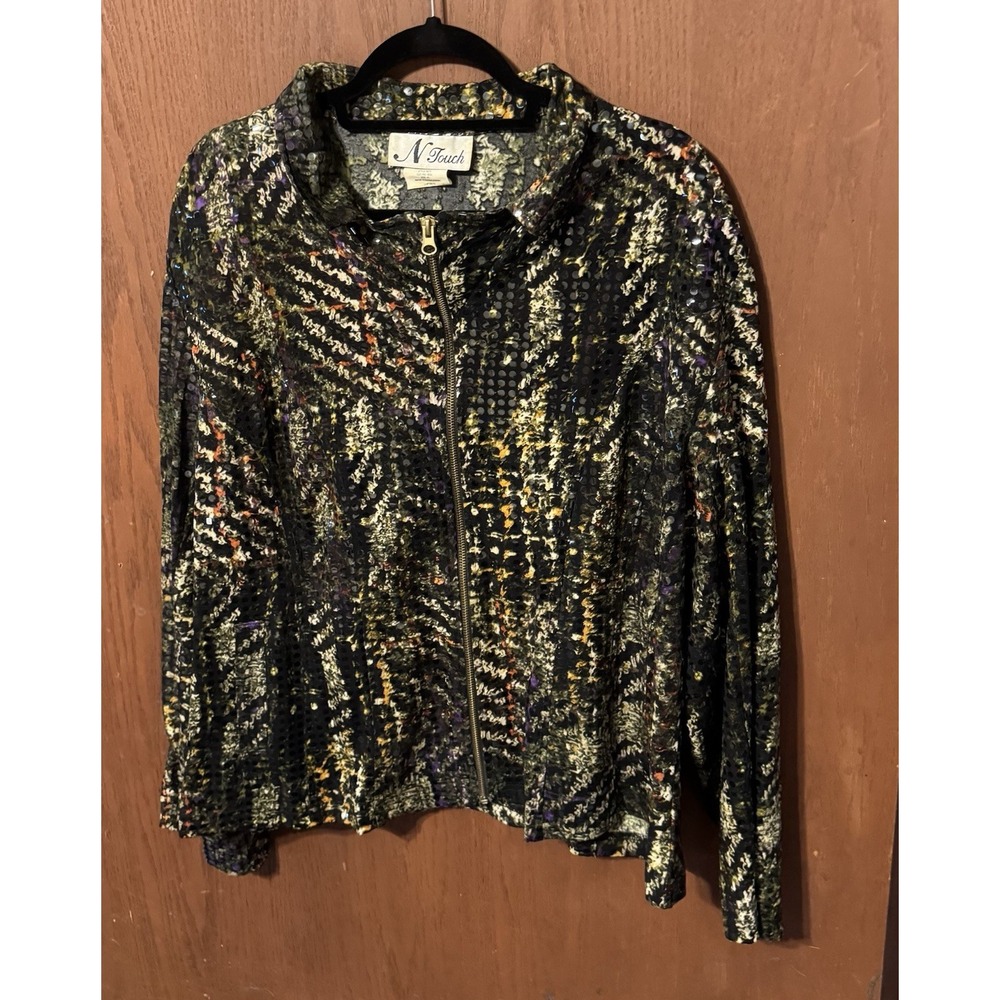 Vintage Womens N Touch Sequins Jacket Nature Forest Print Bling Sz XL TbGT2